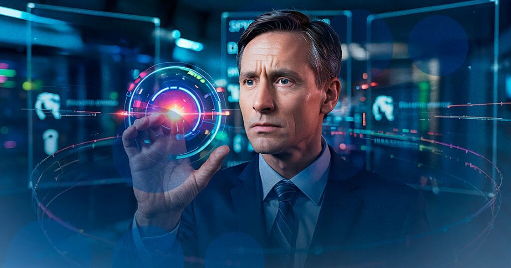 Executivo de terno manipulando esfera holográfica digital em centro futurista, simbolizando alinhamento estratégico entre TI e negócio.