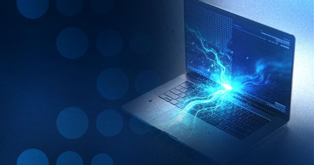 Notebook com efeito digital azul representando endpoint e proteção de dispositivos corporativos.
