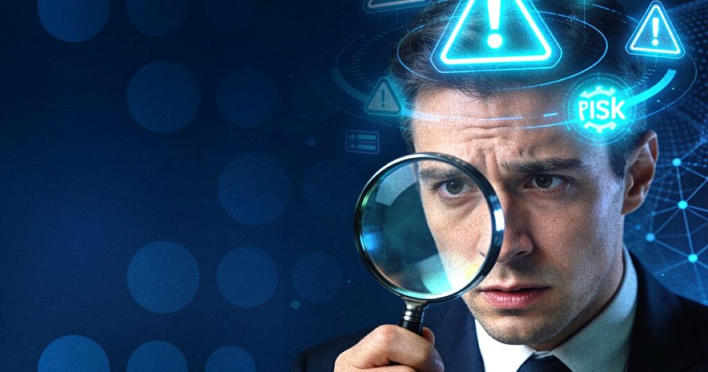 Homem analisando riscos digitais com lupa e alertas virtuais, representando monitoramento NOC em ambientes corporativos.