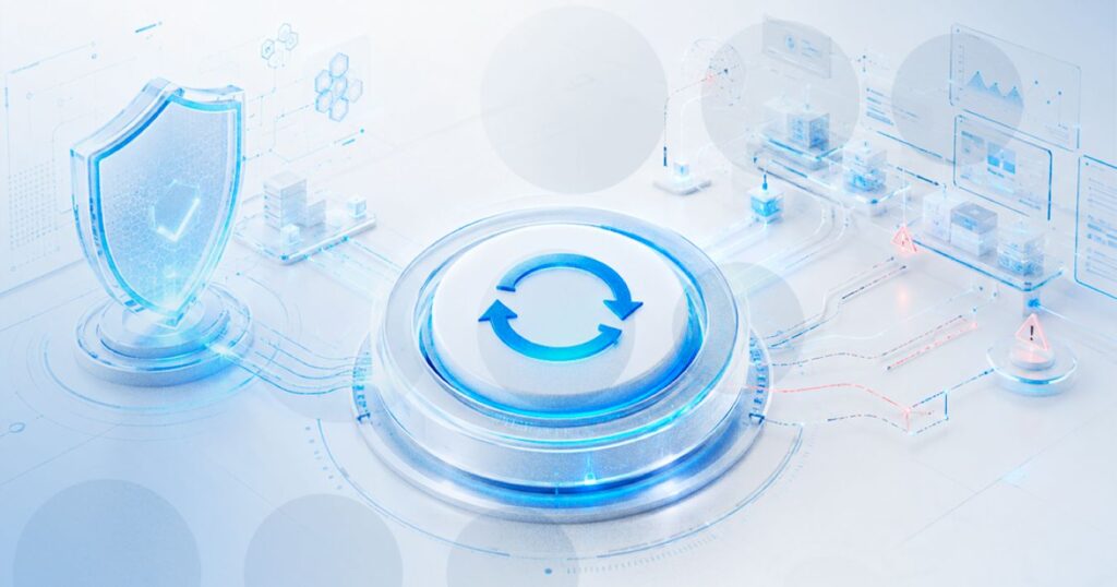 Interface digital com ícone de atualização representando gestão de mudanças de TI em ambientes corporativos.