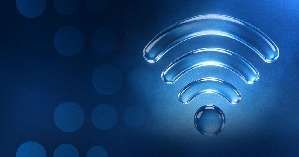 Símbolo de Wi-Fi em fundo azul representando infraestrutura para Wi-Fi 7 em redes corporativas.